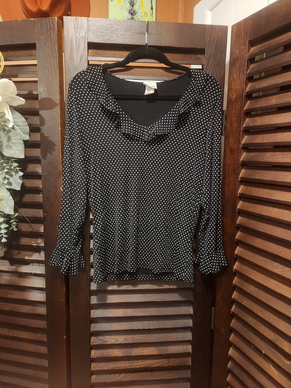 Vintage B. Moss Black Polka Dot Ruffle Neck Blouse